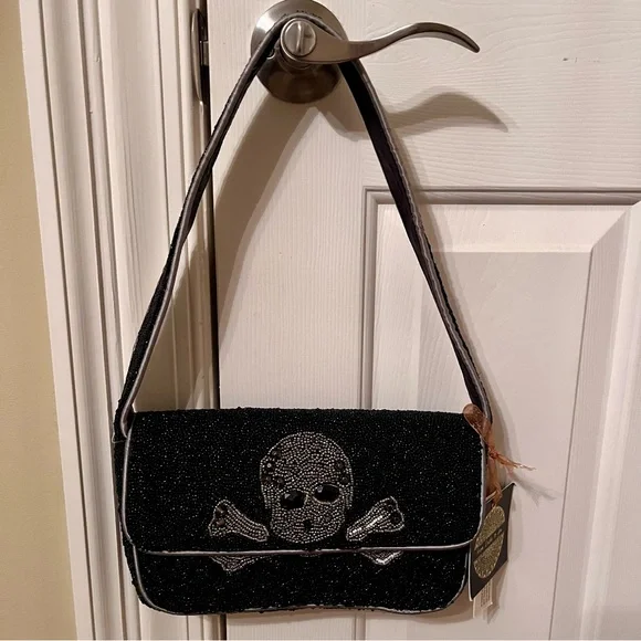 NWT Hand-Beaded Skull & Bones Purse Bag by From India To You, Black/Silver - Picture 4 of 17